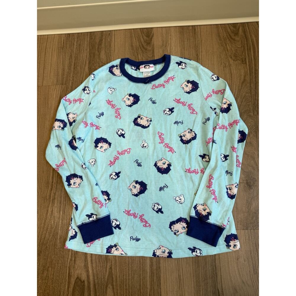 Betty Boop Pajama Top Women’s M (8/10) Blue Long Steve Sleep Shirt Cartoon Y2K